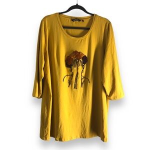 Ulla Popken Size US 16/18 Yellow Tunic Artsy Floral Feminine Romantic Flowy